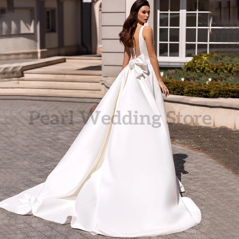 Simple Square Neck Wedding Dress White Satin Sexy Side Slit Bride Abiti Da Sposa Bow Embellished Customizable Bridal Gowns