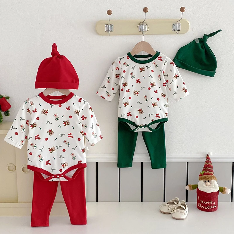 2024 Christmas Infant Baby Boys Girls Jumpsuit+Hat Cartoon Print Newborn Baby Boys Girls Bodysuits New Year Clothing Suit