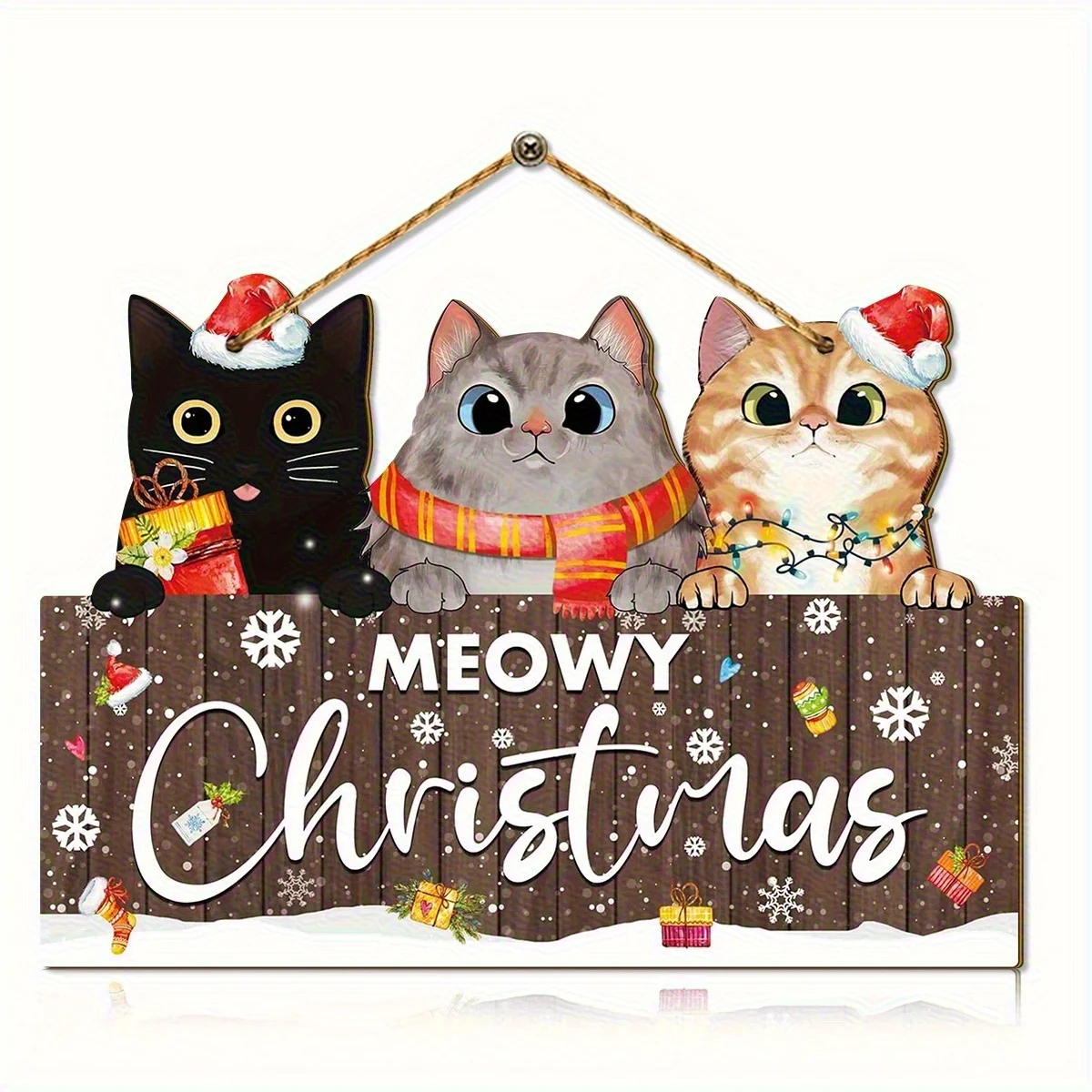 Cute Christmas Cat 2D 1PCS Wooden Wall Hanging Welcome Sign Holiday Villa Apartment Porch Home Christmas Decor Perfect Gift