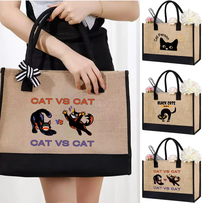 Women's large capacity linen canvas bag, simple and versatile cartoon cat printing, single shoulder crossbody tote bag