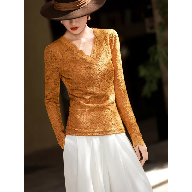 MEXCOCO Women Spring Autumn French Elegant Hollow Lace Blouse, V-Neck Long Sleeve Basic Layering Top