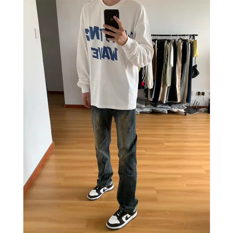 

Deep Blue Patchwork Men's Jeans Slim Fit High Waist Straight Leg Pants Faionable American Vibe Teenage Sle Autumn Wear