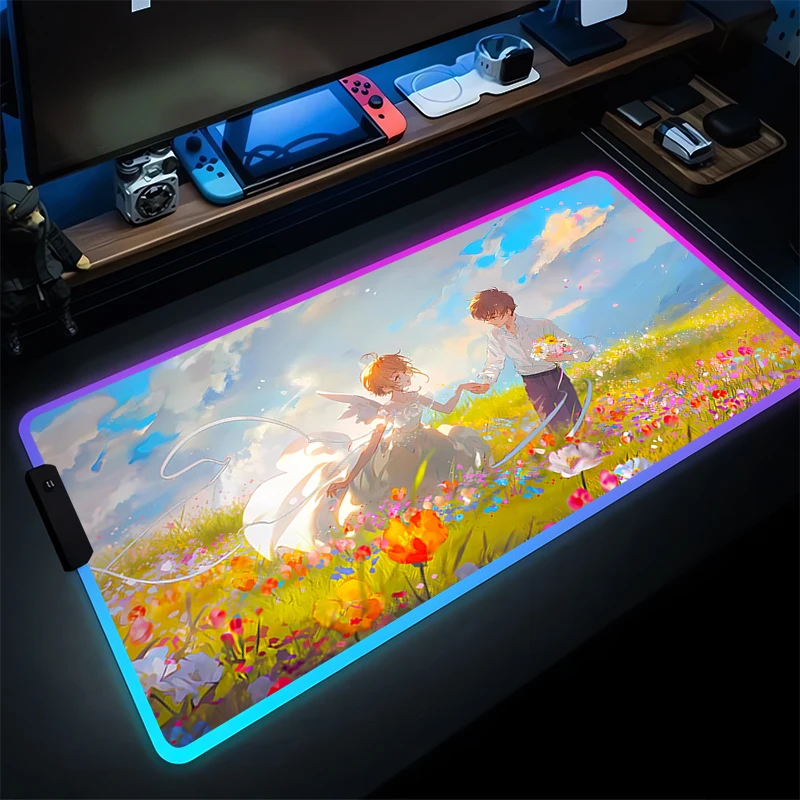 

Mouse Pad Kawaii Gaming Accessories RGB PC Computer Pink Keyboard Pad LED Card Captor Sakura Gamer Desk Mat Alfombrilla Mousepad