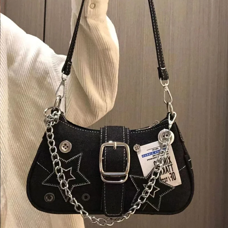 Trendy Star Patterned Denim Woman Underarm Bag, Fashion Crescent Canvas Handbags with Chain Strap, Vintage Handbag Shoulder Bag