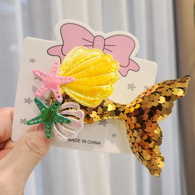 หมวกมีหางปลาประดับเลื่อมสำหรับเด็กกิ๊ฟหนีบผมกิ๊บหนีบผมสำหรับเด็กผู้หญิงสำหรับเด็กลายเจ้าหญิงปลาดาวเครื่องประดับผมใหม่1ชิ้น