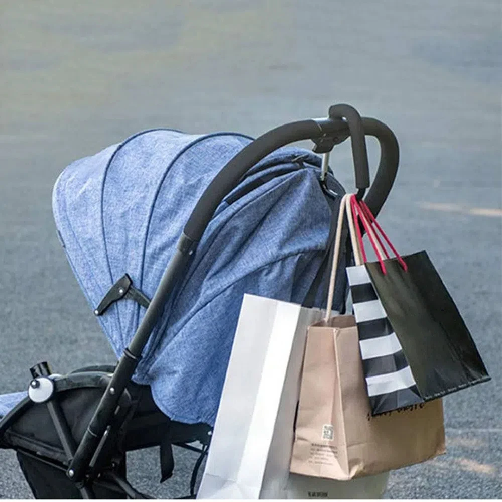 2Pcs Multifunction Baby Stroller Hook D-Ring Sponge Handle Shopping Bag Clip Hooks Aluminum Alloy Soft Grip Carriage Hanger