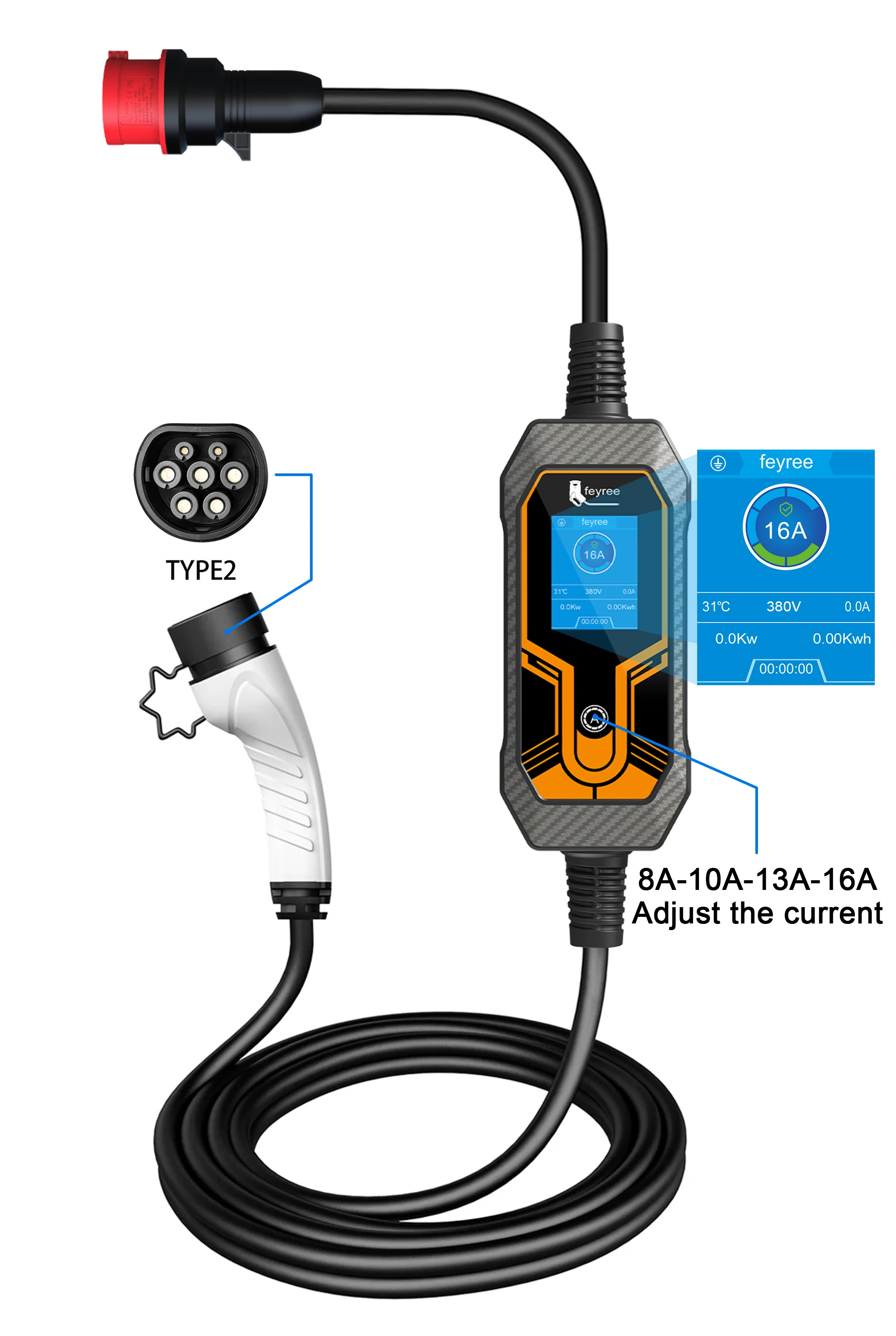 Feyree 11KW 16A EV Charger แบบพกพา Type2 EVSE กล่องชาร์จไฟฟ้ารถ Charger CEE ปลั๊ก IEC62196-2 ไฟฟ้า Charger