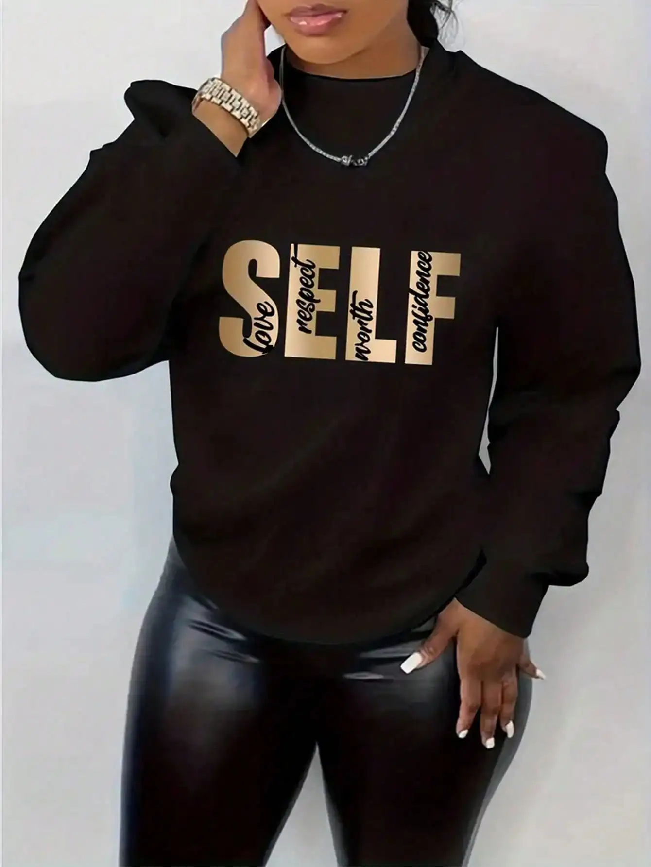Women's Self Love Graphic Drop Shoulder Sweatshirt, Fall Casual Pullover with Gold Letter Print