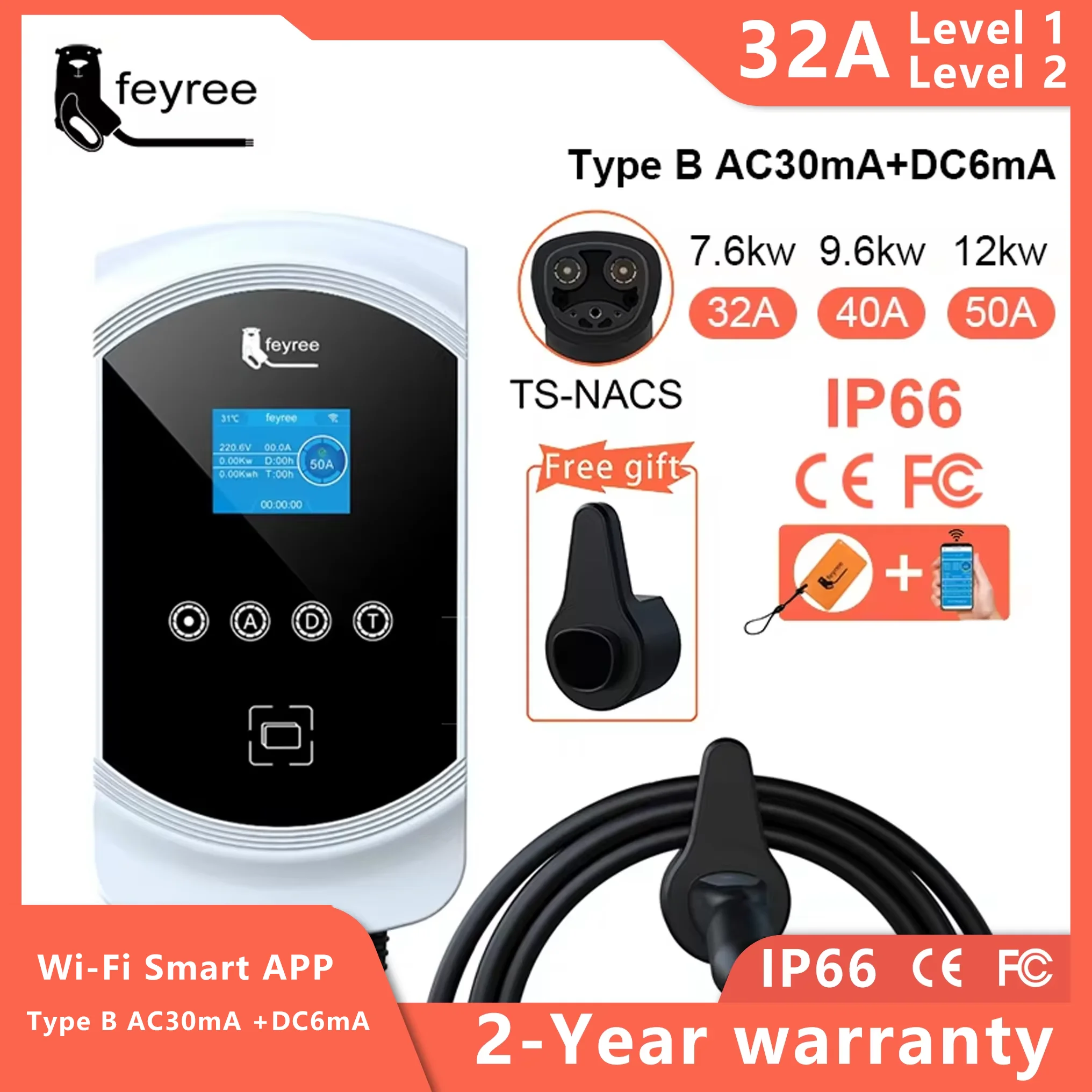 feyree EV Charging Station 32A 7.6KW Electric Vehicle Car Charger EVSE Wallbox 9.6KW 12KW 5m Cable Tesla NACS Socket APP Control