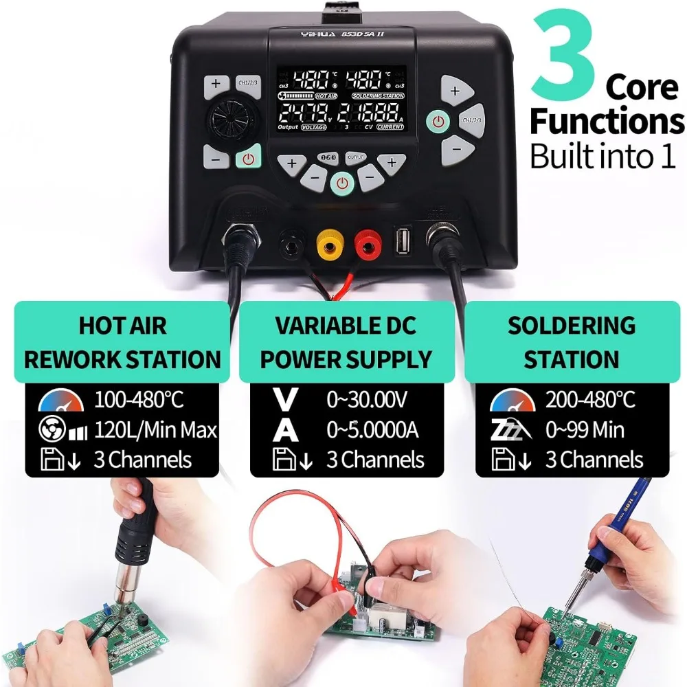 YIHUA 853D 5A-II 3 in 1 Hot Air Rework Soldering Iron Station and DC Power Supply 30V 5A -°F /°C Multiple Functions