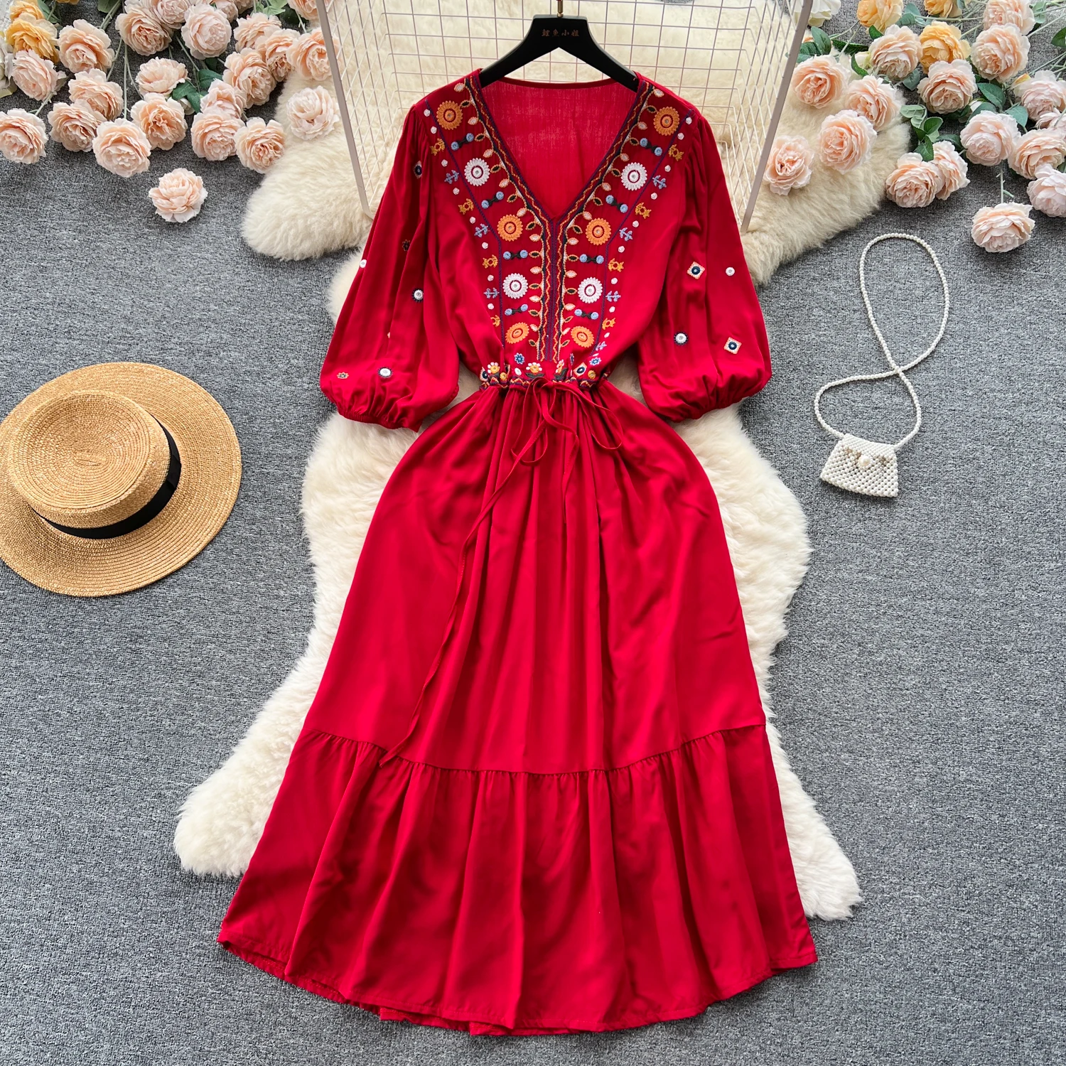 

Croysier Bohemian Vacation Dresses For Women 2023 V Neck Vintage Embroidery Boho Dress Half Sleeve Waist Tie Summer Midi Dress