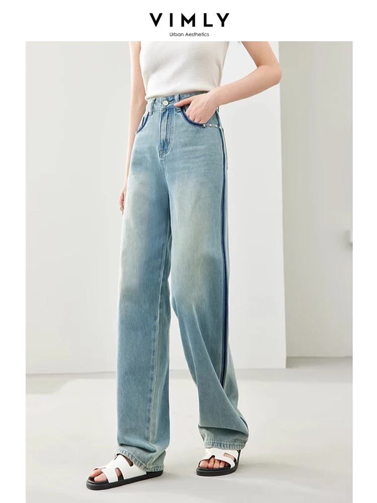 Vimly High Waist Baggy Jeans Women 2024 Spring Summer Straight Wide Leg Contrast Full Length Denim Pant Woman Clothing 16597