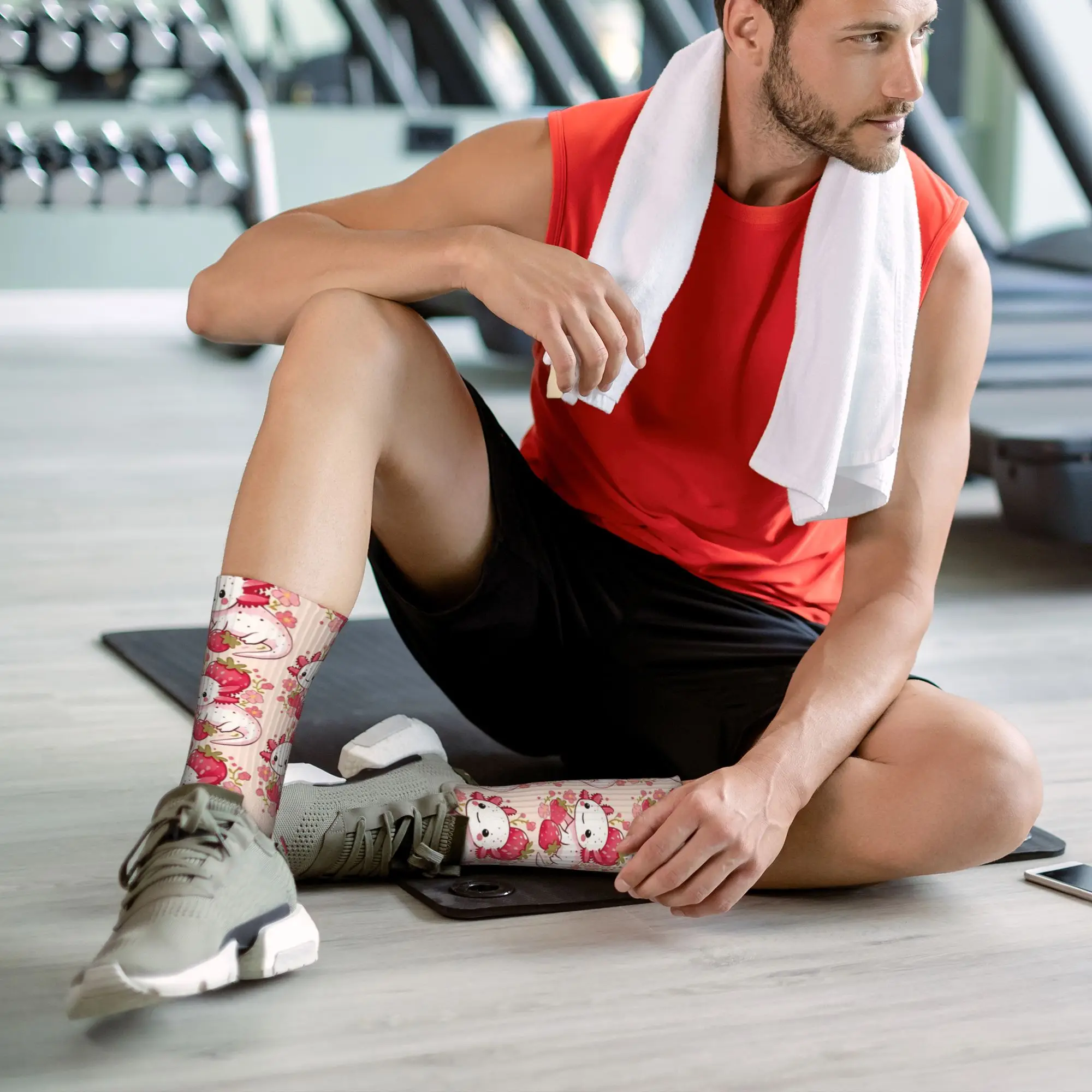 ถุงเท้าลายปลาอ็อกซ์โฮล็อตล์และสตรอว์เบอร์รี ถุงเท้าผู้ชาย ถุงเท้าอุ่นนุ่มสไตล์ฮาราจูกุ ถุงเท้าสำหรับฤดูใบไม้ร่วง ถุงเท้ากีฬาวิ่งกันลื่น ถุงเท้าแบบสั่งทำพิเศษ ของขวัญ