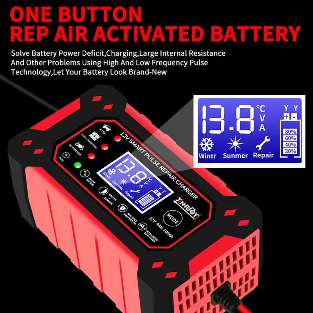 

6A 12V Car Battery Charger Pulse Repair LCD Display Smart Fast Charge AGM Deep Cycle GEL Lead-Acid Charger For Auto Motorcycle