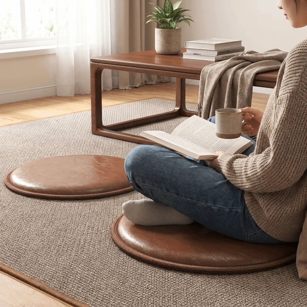 Japanese Style Leather Cooling Cushion Round Thickened Sitting Seat Pad Slow Rebound Waterproof Dining Chair Pad Balcony