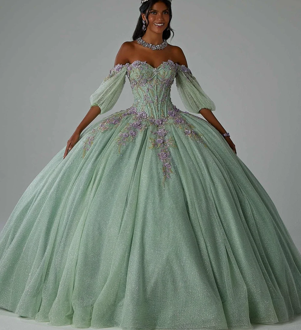 EVLAST-Vestido De quinceañera azul De México, Media manga, apliques De flores florales en 3D, lazo De cuentas, dulce 16, Vestido De 15 años, TQD072