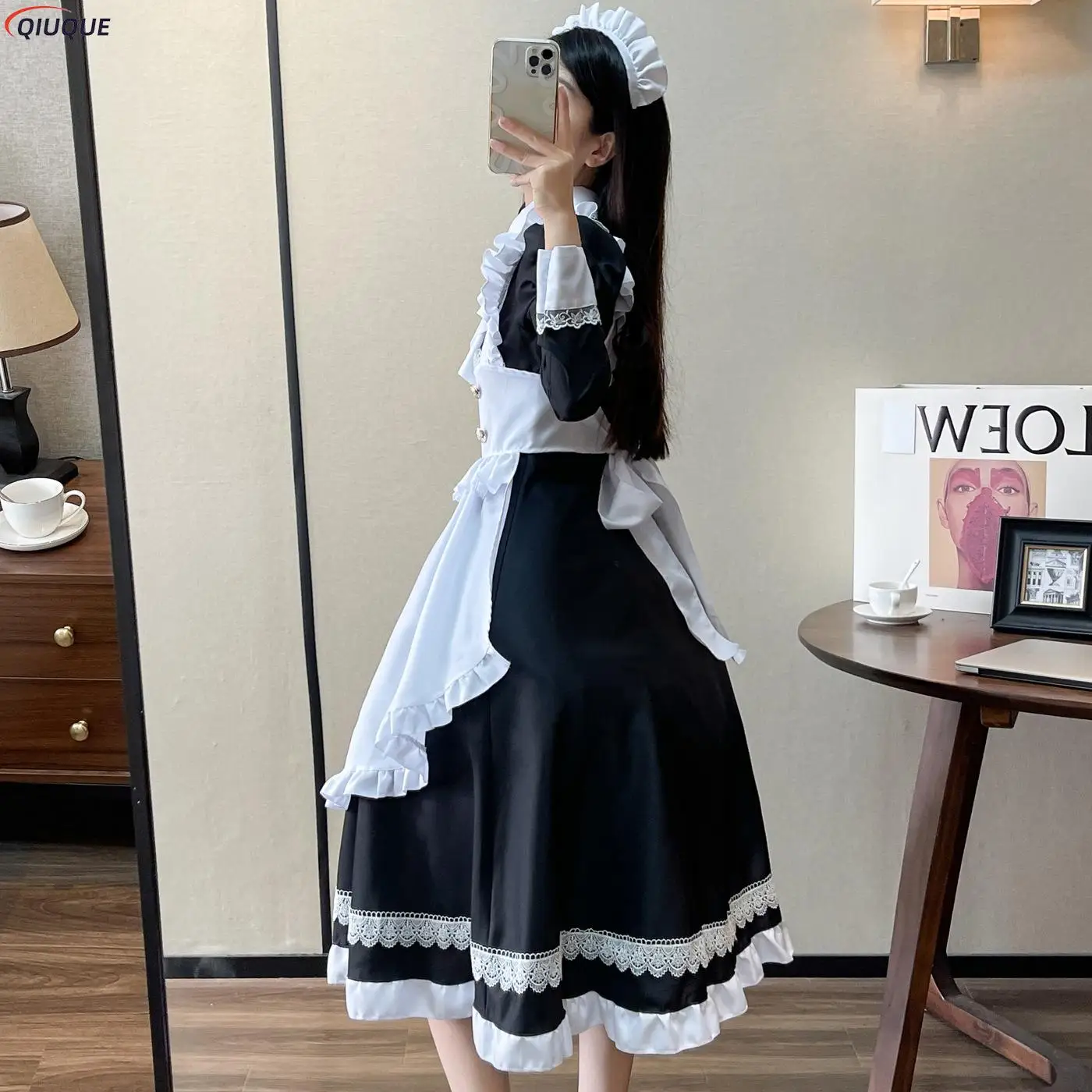 Vrouwen Maid Outfit Lolita Dress Leuke Kawaii Cafe Kostuum Zwart Wit Mannen Uniform Lange Schort Jurk Mucama Cosplay Kostuum