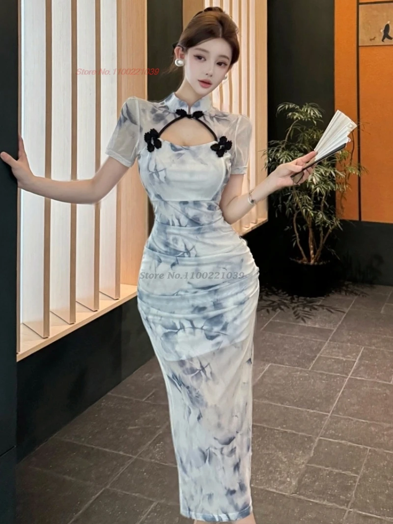 

2025 oriental sexy qipao dress improved cheongsam traditional flower print mesh qipao chinese banquet nightclub dress qipao
