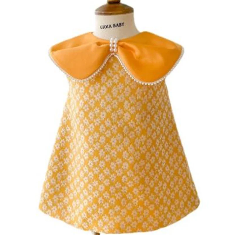 New Children's Cheongsam Pearl Dress Girls Floral Aline Dress Party Yellow Sleeveless Dress