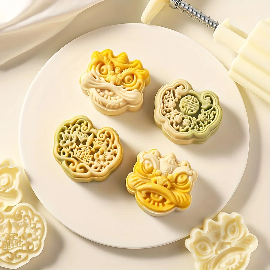 Mini Chinese Lion Dance Moon Cake Mold,Including 1 Mold And 2 Stamps,DIY Hand Press Moon Cake,Mung Bean Cake,Cookie,Pastry Mold