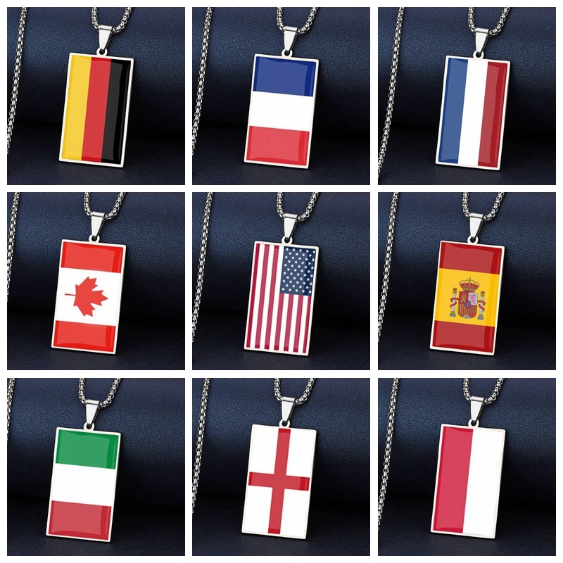 Rectangle Stainless Steel United States Spain Flag Pendant Box Chain Necklace For Men Women Epoxy National Flag Jewelry