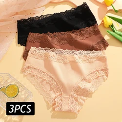 3PCS/Set Cotton Lace Panties Women's Sexy Low Rise Briefs Girls Soft Underwear Flroal Cotton Ribbed Underpants Seamless Lingerie