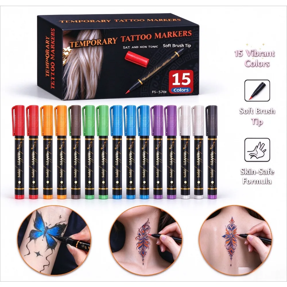 Temporary Tattoo Markers for Skin 15 Colors Body Tattoo Pens Flexible Brush Tip Cosmetic Grade Face Paint Kit for Halloween Makeup