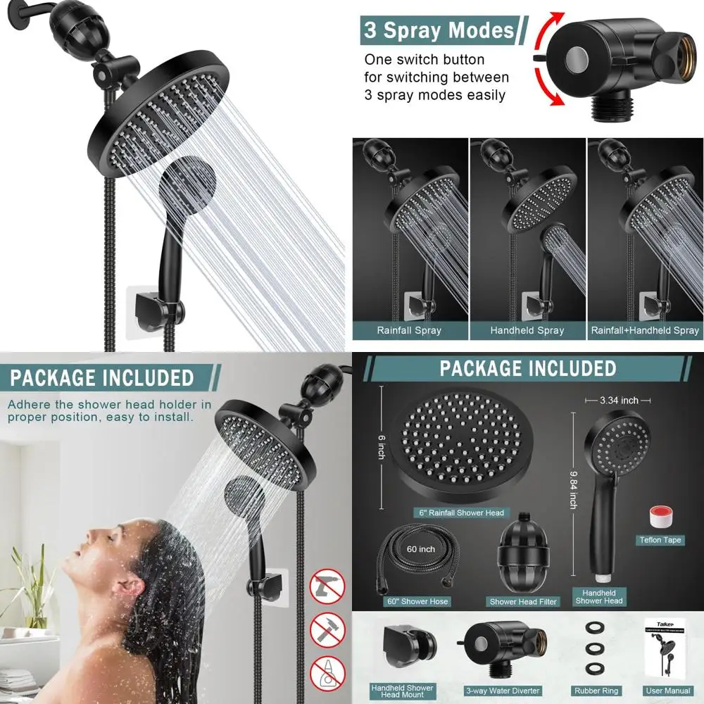 

Luxury High-Pressure Rainfall Shower Head with Handheld Filter Combo, Chrome-Plated, 60'' Hose, Anti-Leak, Black