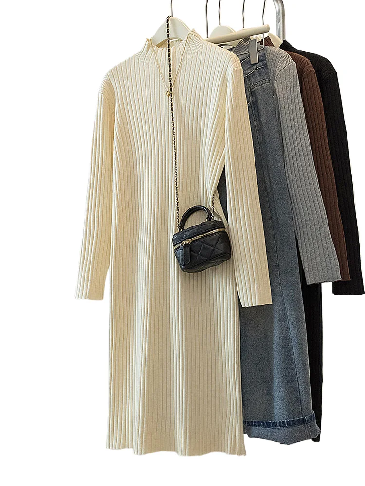 

Autumn Winter Sweater Dress Women's Half High Collar Loose Long Sleeved Mid Length Knitted Dresses Female Solid Basic Pullover