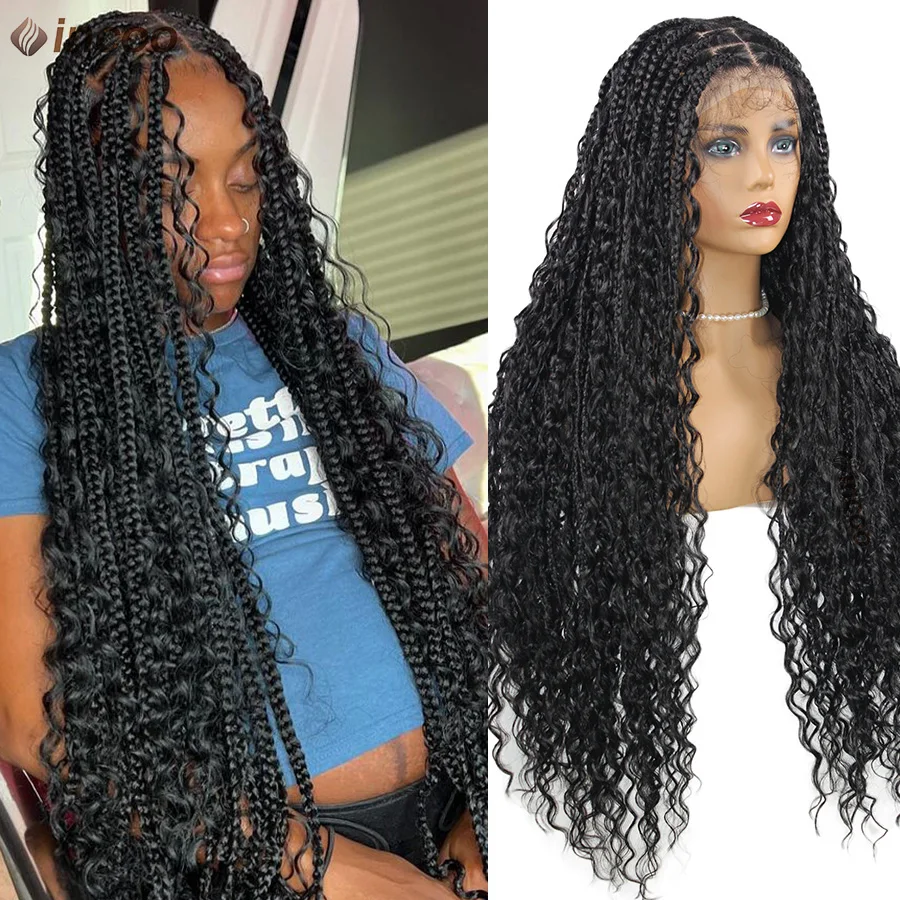 

32 Inches Long Boho Braided Wigs With Baby Hair Synthetic Full Lace Knotless Box Braiding Wig Locs Goddess Curly Braids Lace Wig