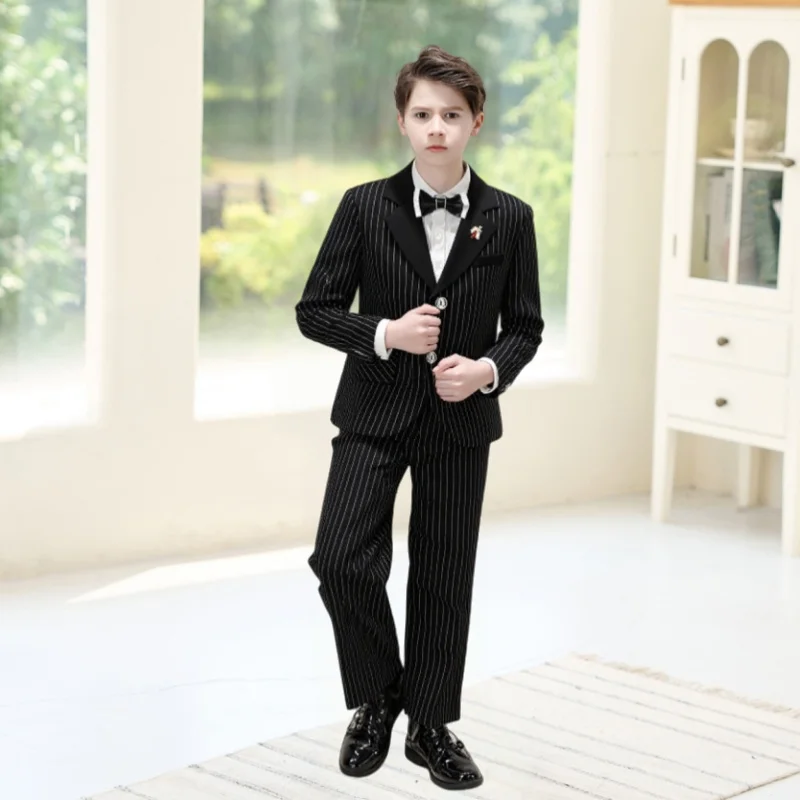 

От 1 до 11 лет, весенне-осенний полосатый костюм для мальчиков, детская официальная одежда для свадьбы, дня рождения, куртки, брюки, брошь с галстуком-бабочкой