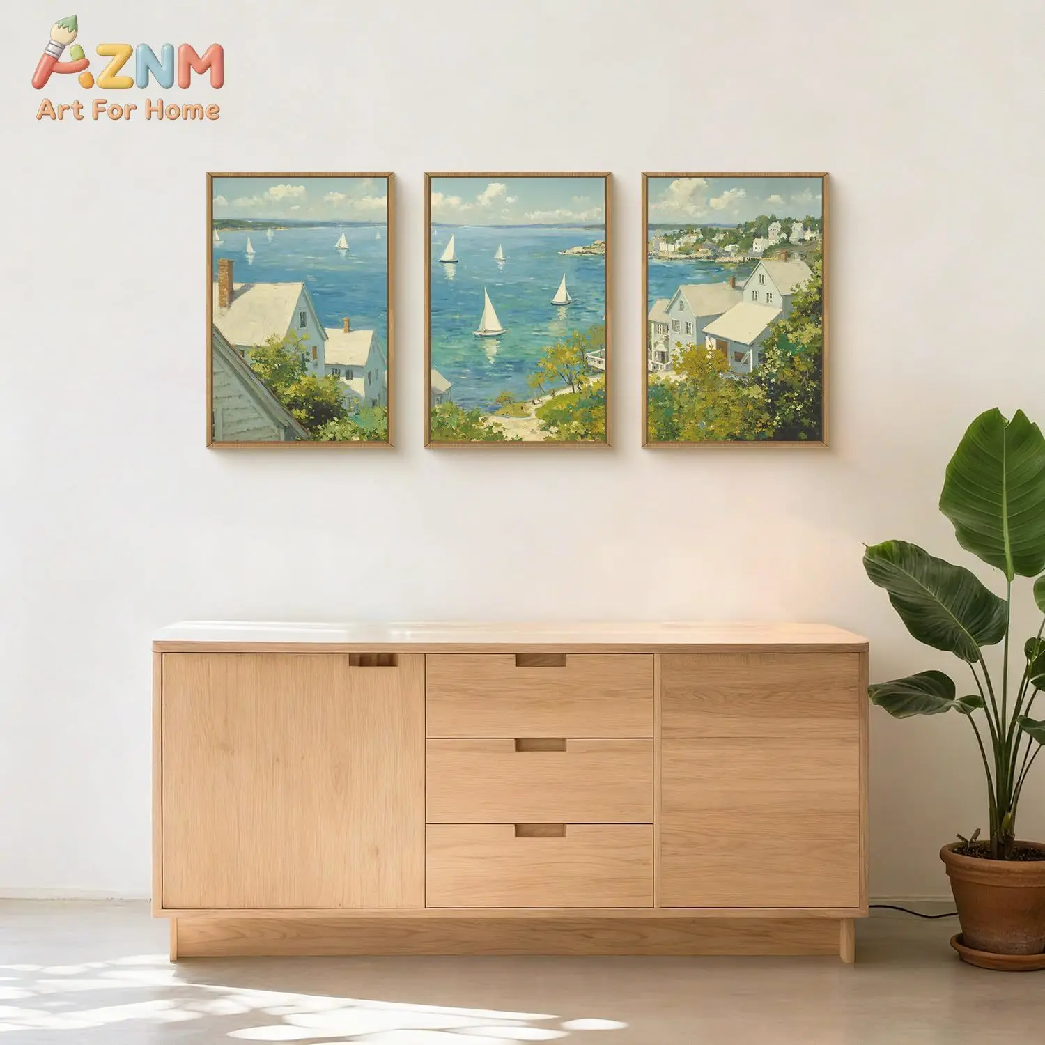 3PCS Coastal Town Sailboat Seascape Canvas Prints Blue Ocean White House Landscape Oil Painting Style Wall Art Posters Unframed