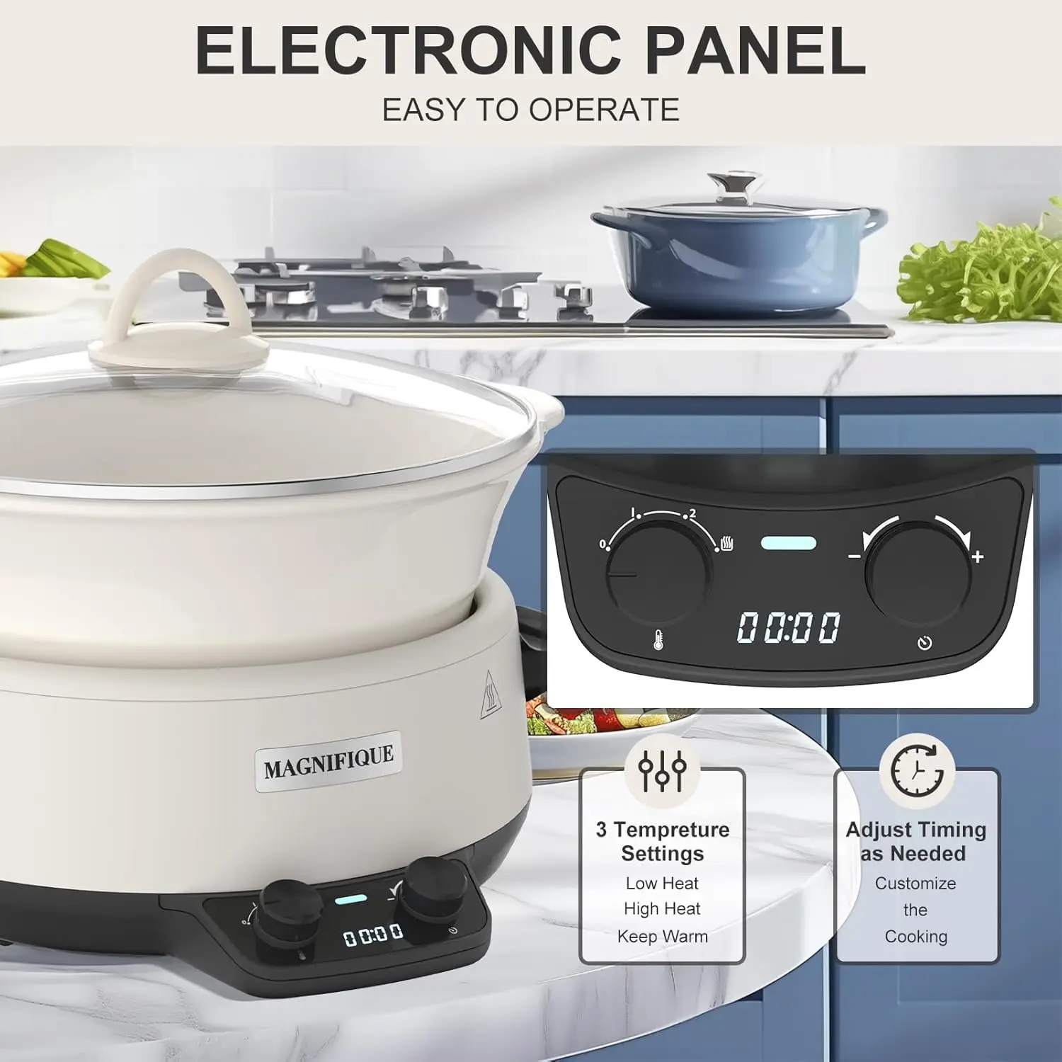 Programowalny okrągły wolnowar z powłoką ceramiczną, pojemność 5 kwart do gotowania w kuchni i użytku domowego.