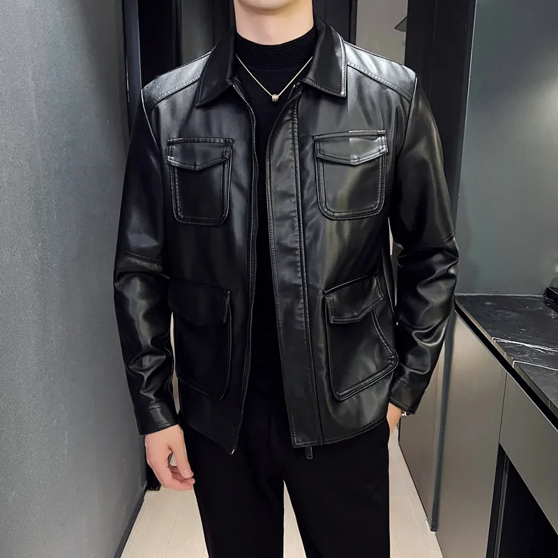 

2026 New Men Casual Leather Jacket Multi Pocket Solid Color Lapel Motorcycle Coat Autumn Outwear Fashion Biker Loose Streetwear