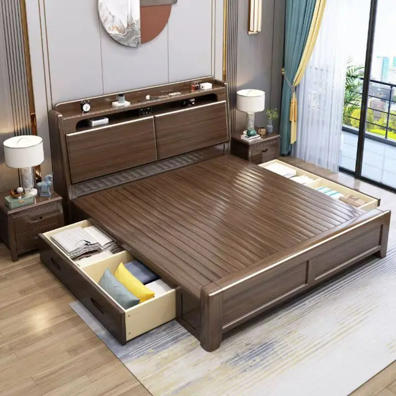 !@Modern Simple Solid Wood Double Bed King-Size Storage with Revolving Queen Storage Bed Design for Hotels Apartments Wholesale