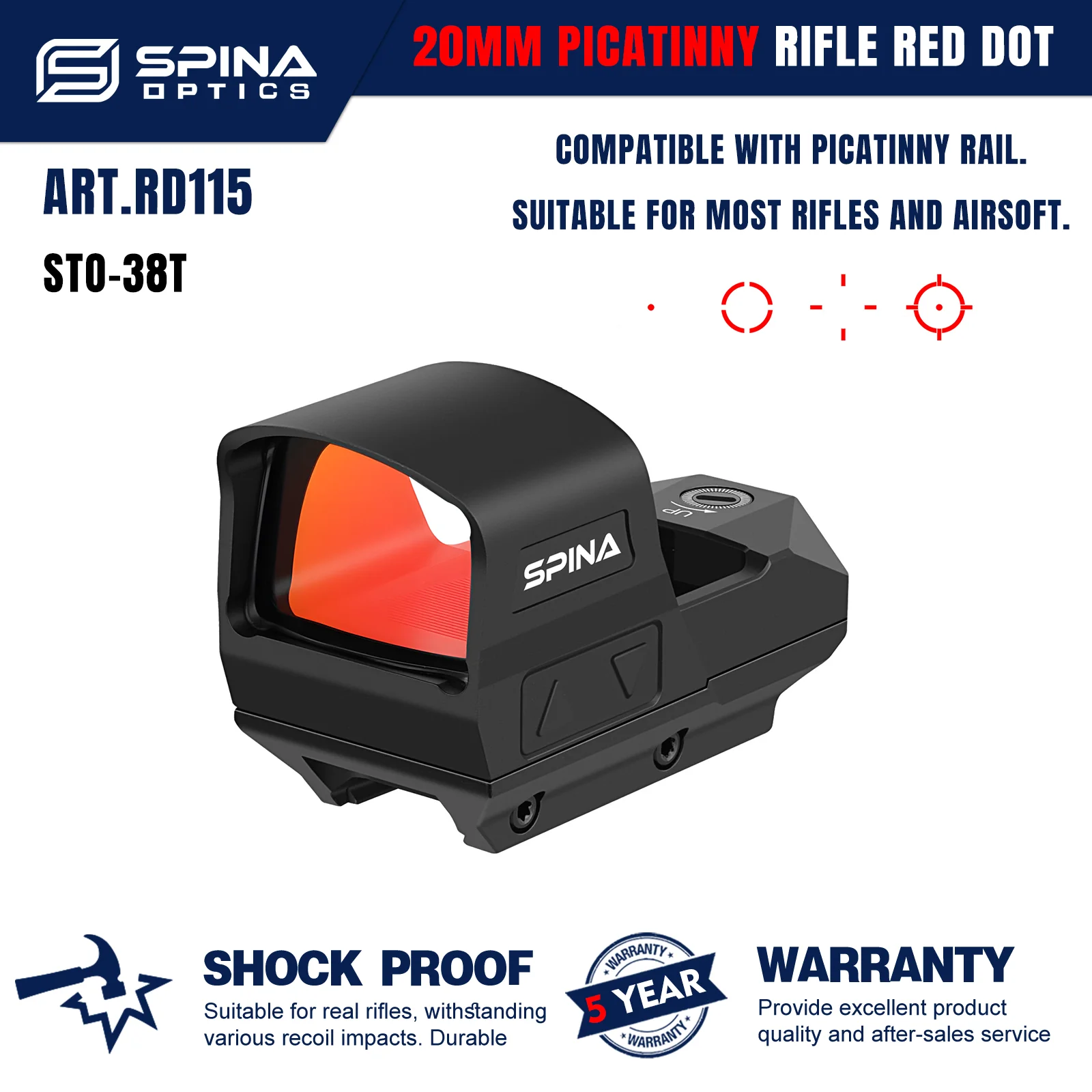 

​​SPINA OPTICS STO-38T 38mm Wide-View Red Dot Sight 4 Selectable Reticles Tactical for AR15/AK47 .223/5.56/7.62 etc