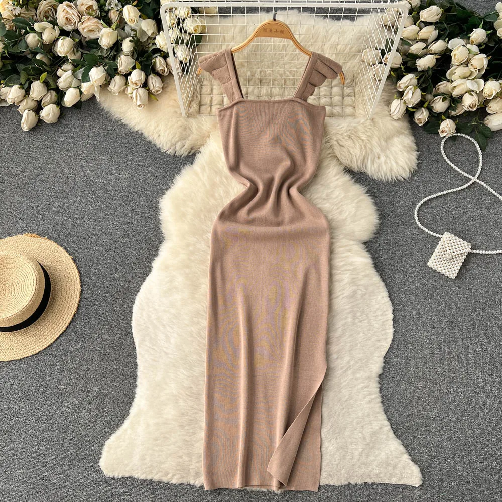 Elegant Ruffle Sleeveless Bodycone Knit Split Dress Chic Elastic Slim Fashion Party Sundress Women Basic Wrap Pencil Vestidos