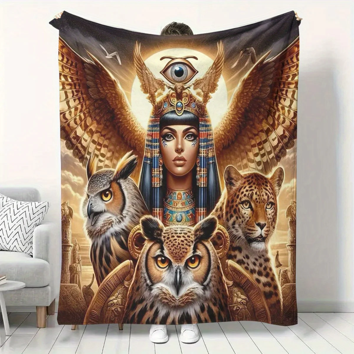 Mystical Ancient Egypt Style Queen Owl Leopard Totem Retro Culture Pattern Flannel Blanket Warm Cozy Printed Throw Blanket