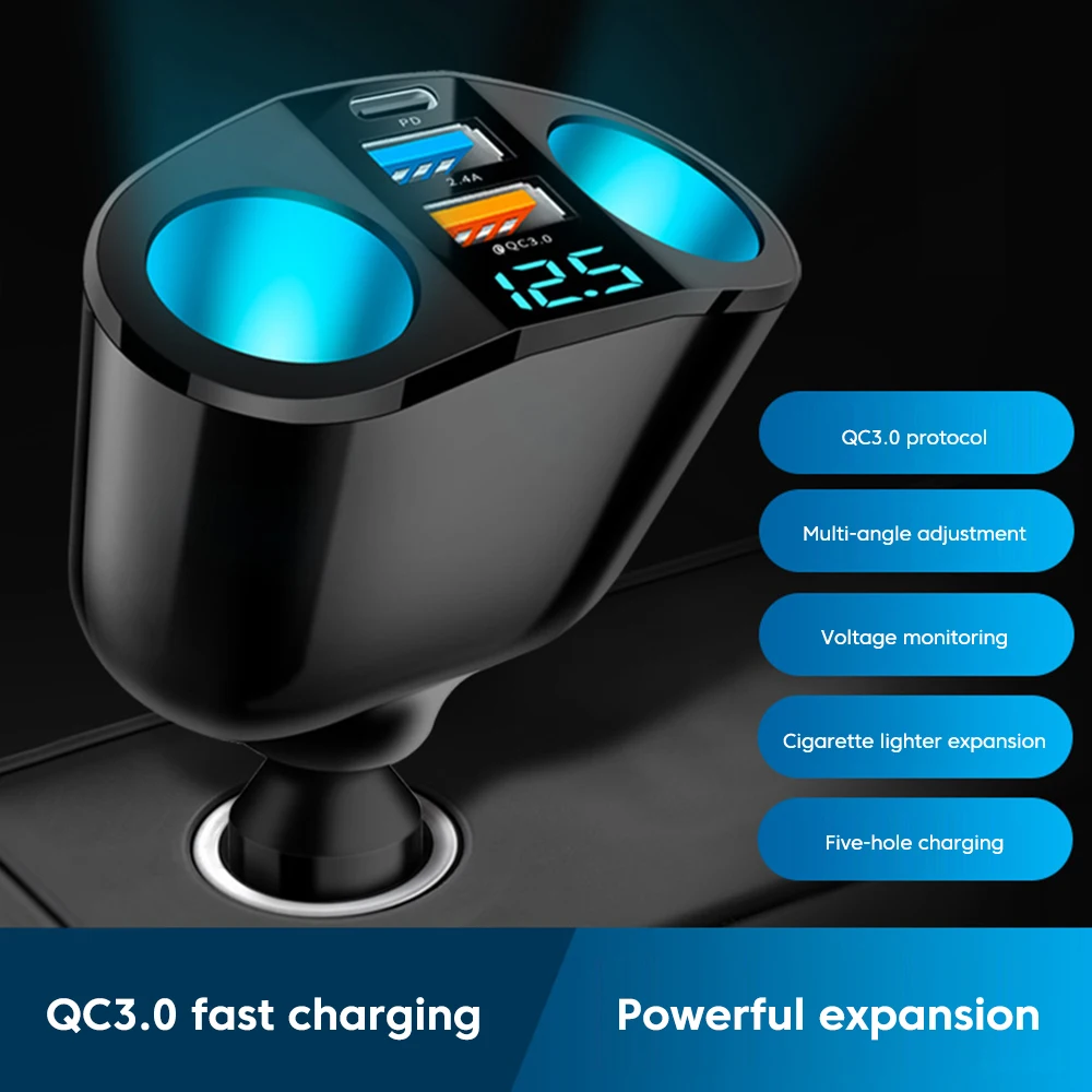 66 واط شاحن سيارة المزدوج سيارة ولاعة السجائر محول 2USB + PD مع عرض الجهد 12/24 فولت شاحن سيارة سريع لشاحن الهاتف المحمول
