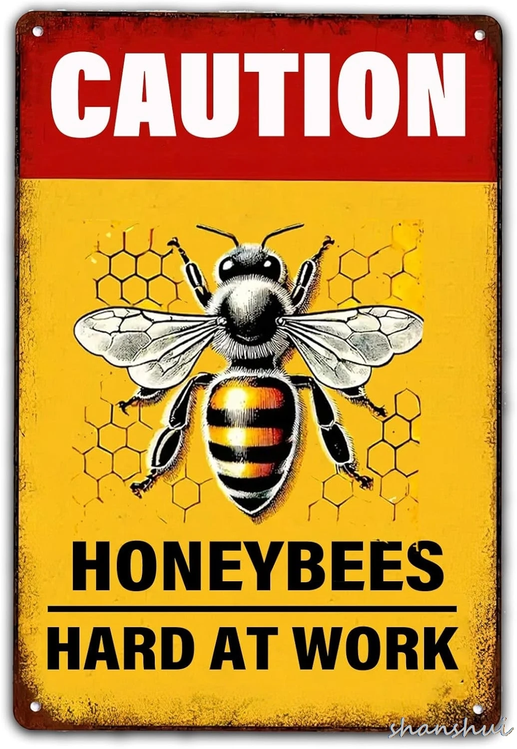 Caution Honeybees Hard At Work Metal Sign, Honey Bee Wall Art Iron Poster for Home Cafe Bar Farm Garden, 8x12 Inch