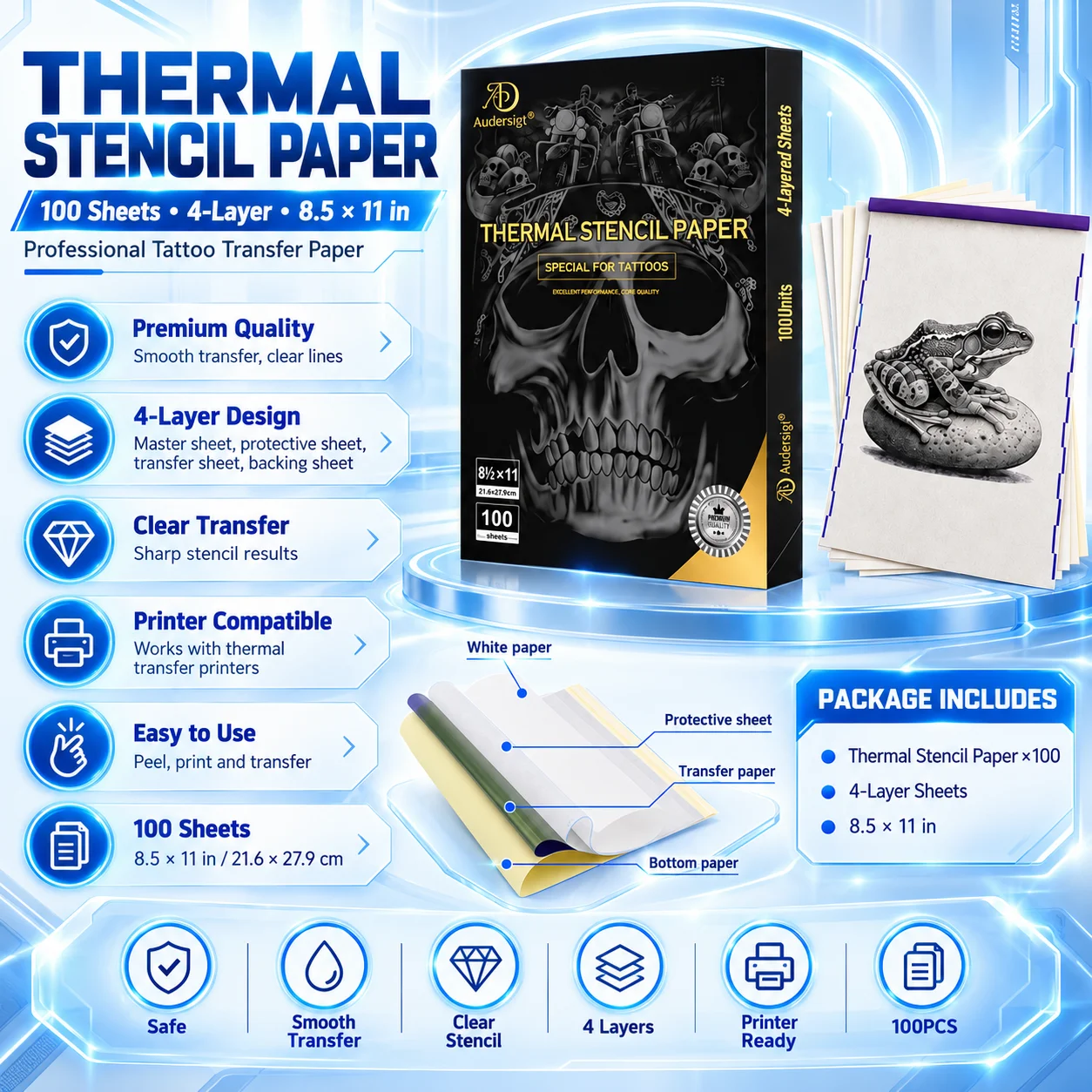 Audersigt 20/50/100 Sheets Silver Label A4 Tattoo Transfer Paper Thermal Stencil Copier Paper for Tattoo Printer