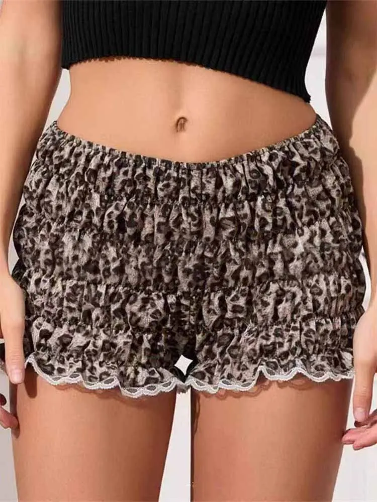 Women Retro Y2K Kawaii Leopard Printed Shorts Ruffle Vintage Cottage Shorts Elastic Slim Fit Bloomers Pants Fashion Streetwear