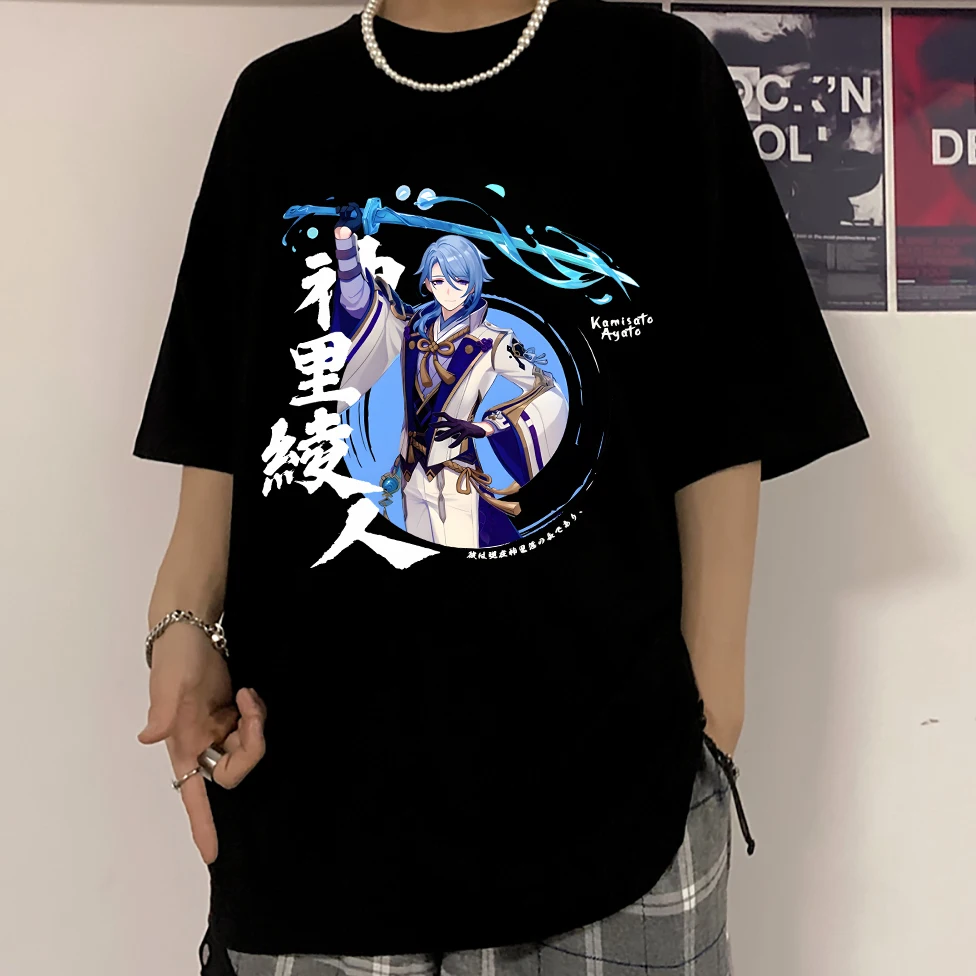 Genshin Impact Kamisato Ayato Tshirt letni z krótkim rękawem męska odzież uliczna 100% bawełniana koszulka dla chłopców/dziewcząt Cartoon koszulki z