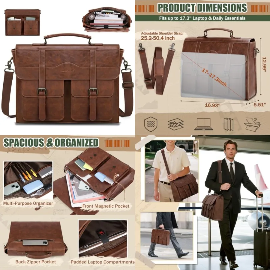 

Mens Messenger Bag 17 Inch Vintage Leather Laptop Briefcase Magnetic Closure Large Satchel Computer Shoulder Bag