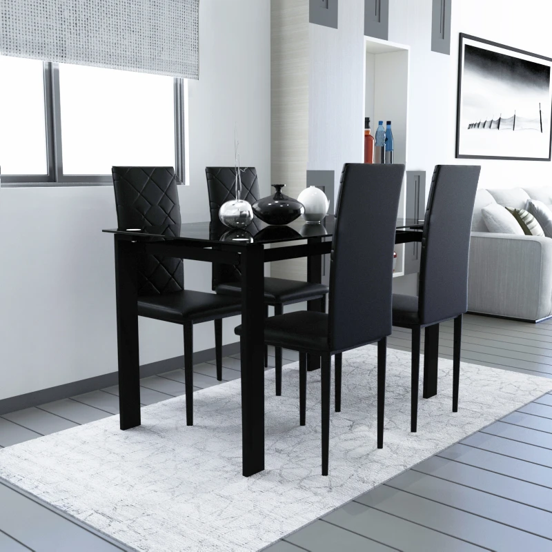 Modern Tempered Glass Black Dining Table Chair Set Simple Rectangular Living Room Kitchen Table W/4 High-End Dining Chair