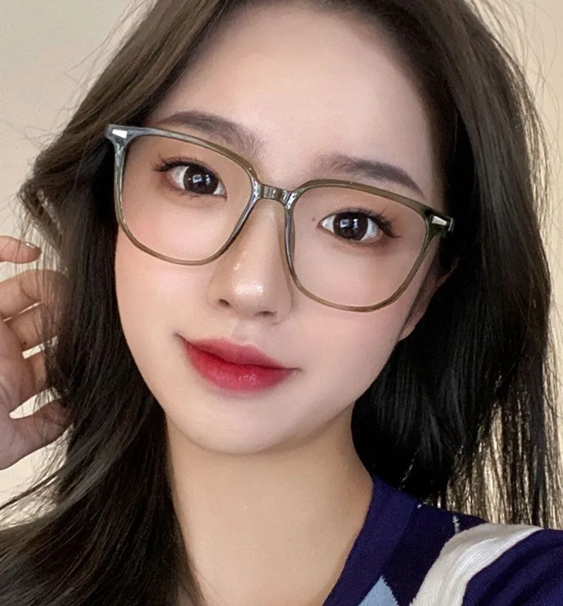 Korean Version Anti Blue Light Prescription Eyewear Trendy Olive Green Square Finished Myopia Glasses