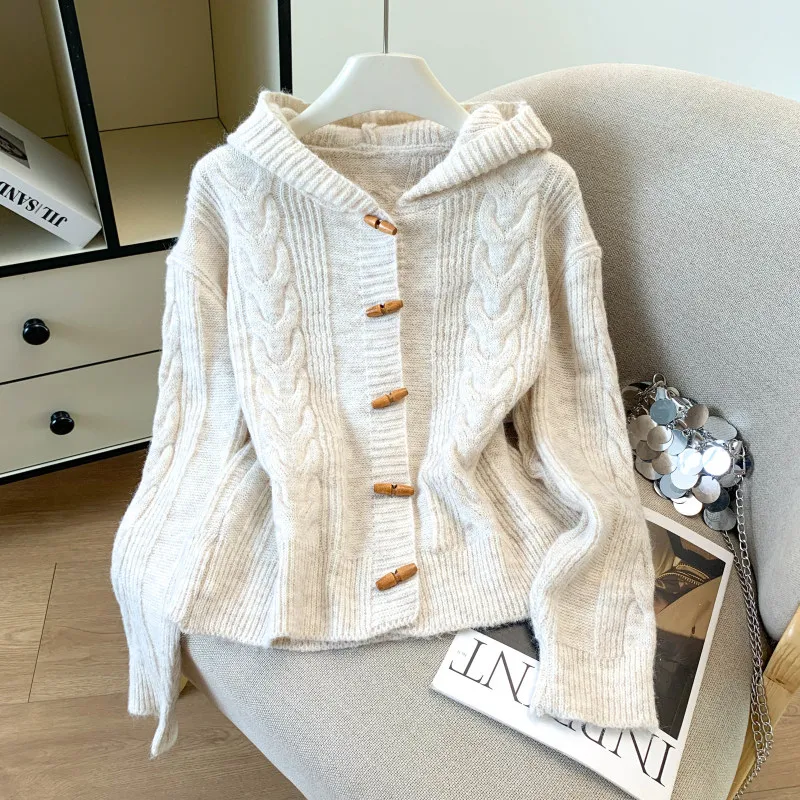 Apricot Grey Coffee Color Women Casual Hooded Knit Sweater Autumn Fashion Ox-Horn Button Long Sleeve Knitwear Cardigan Jacket