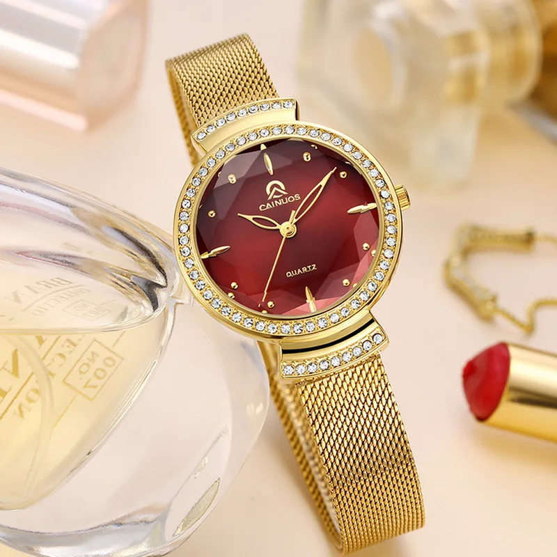 

Элегантные роскошные женские кварцевые часы с бриллиантами и кристаллами, элитные модные женские наручные часы с золотым сетчатым ремешком, уникальный дизайн