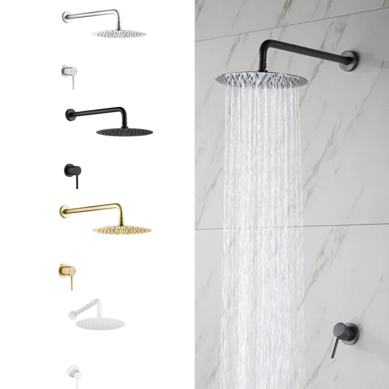 

Brass Concealed Bathroom Shower Chuveiro Banheiro Wall Hanging Top Round Head Curtain Set Hot Cold Water Mixing Faucet