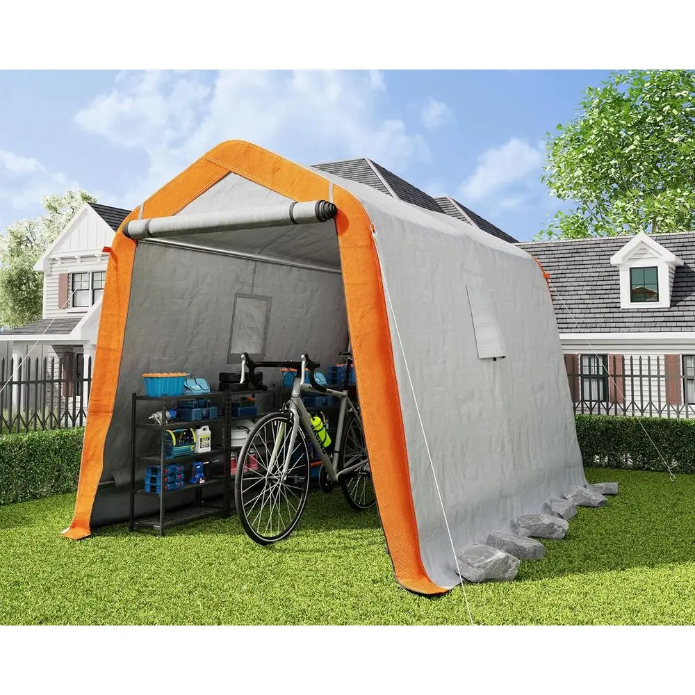

6x8x6.6ft Durable Outdoor Storage Shed with Waterproof Windows and Roll-Up Door for Carports, Motorcycles, Bikes, Gray